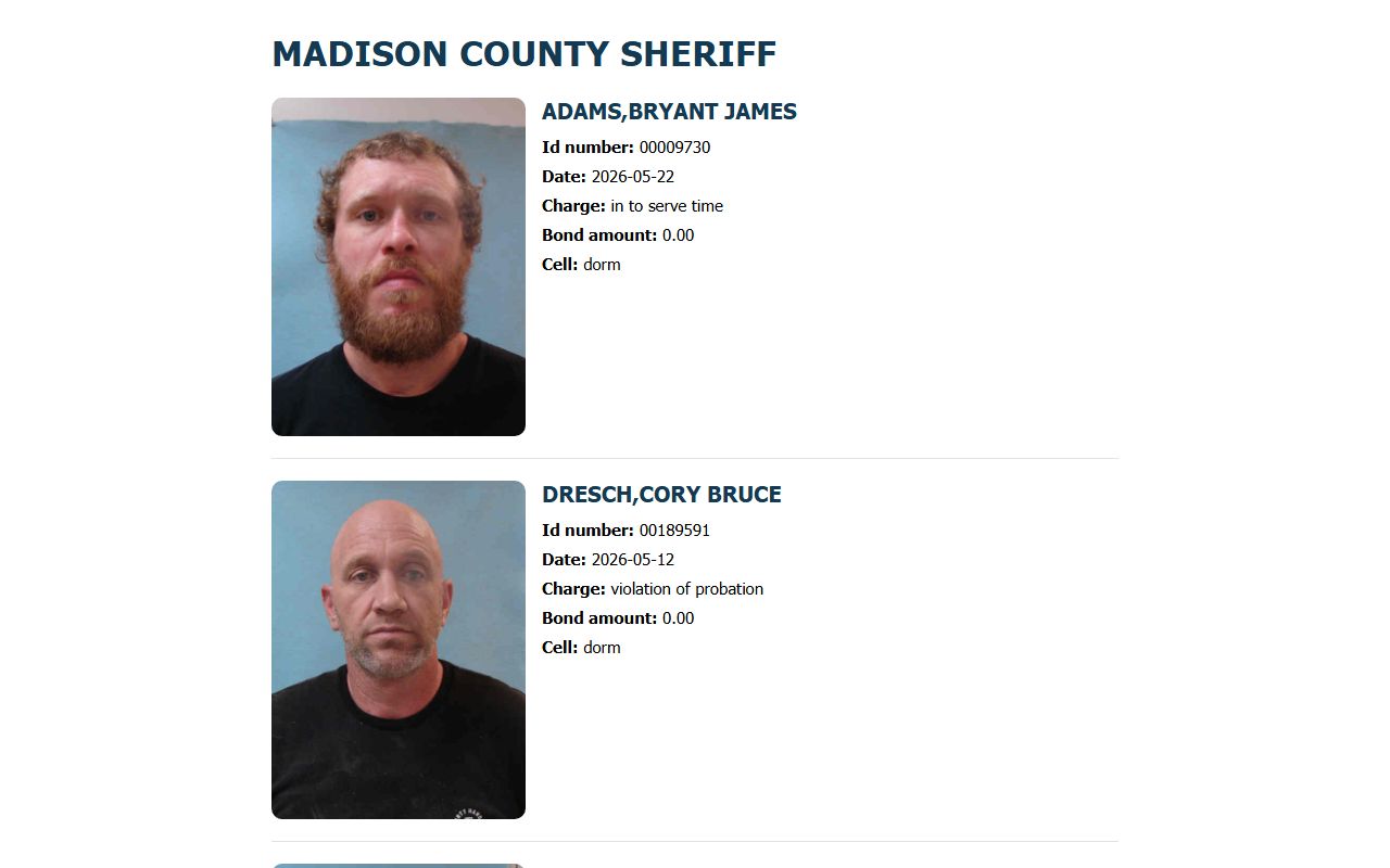 Madison County GMD booking widget showing jail roster inmate cards and mugshots