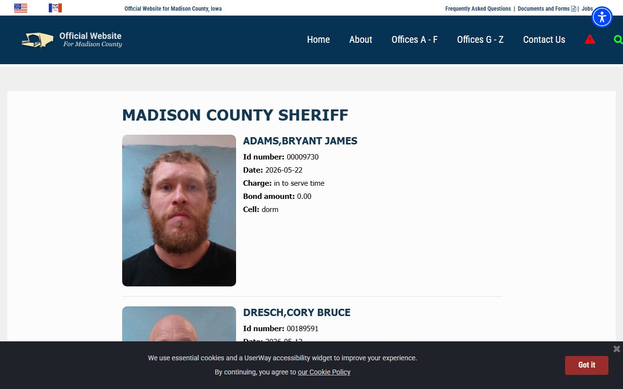Madison County inmate roster page for current jail custody search