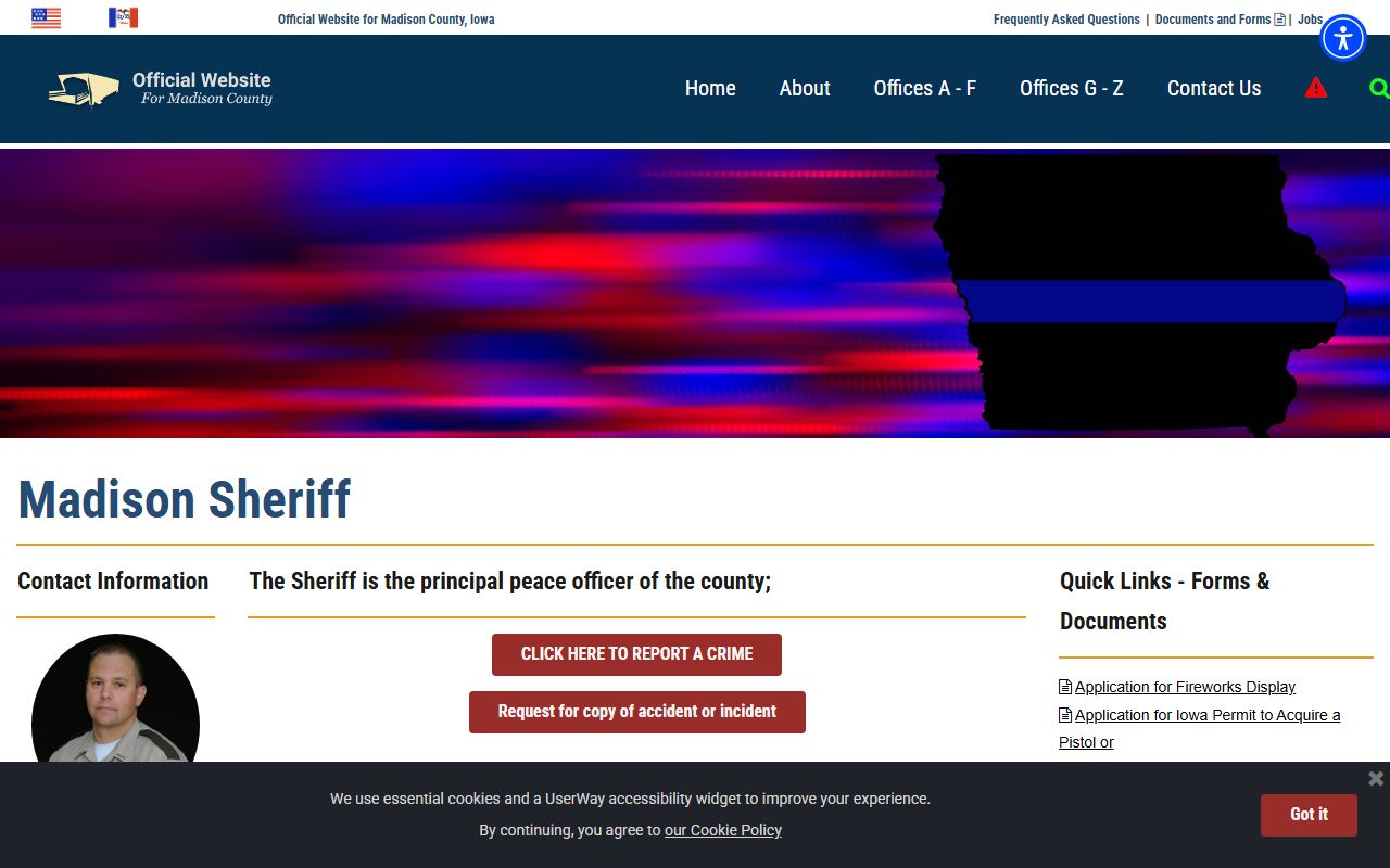 Madison County Jail sheriff office page with jail roster and visitation information